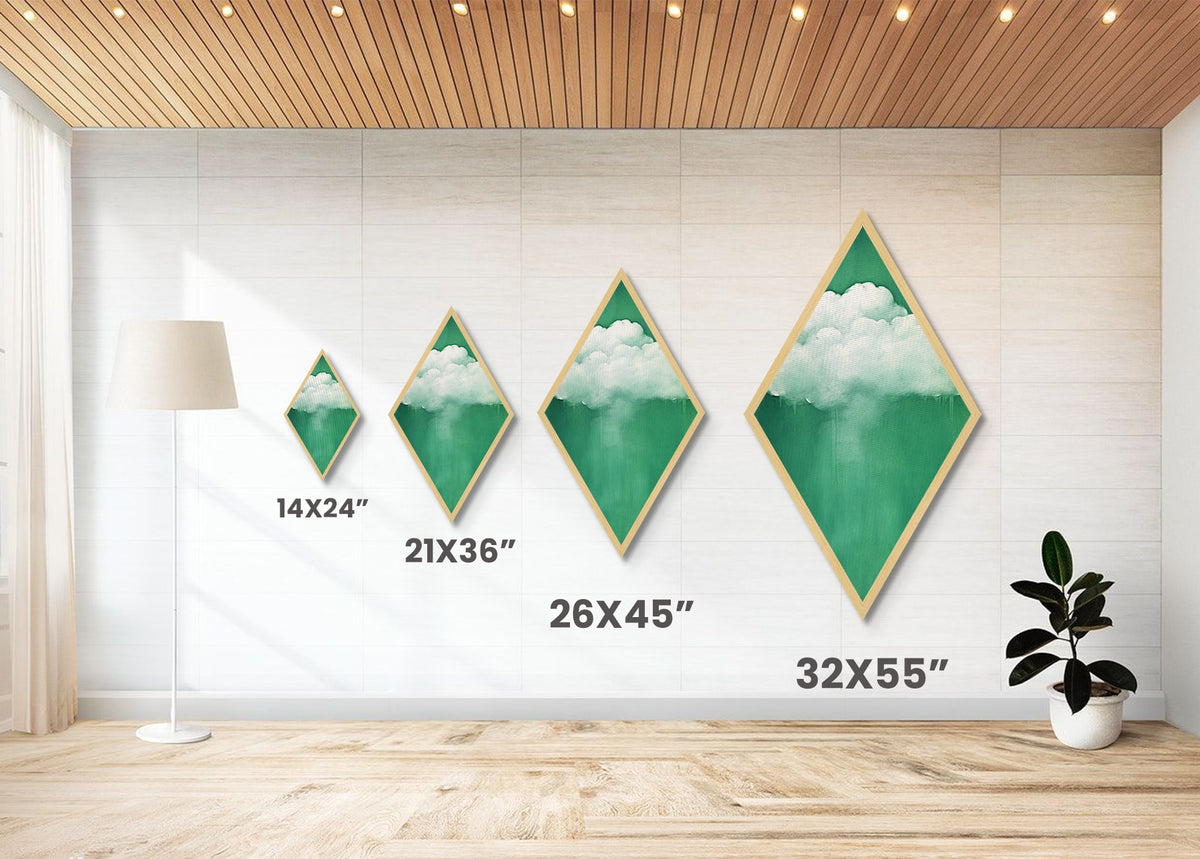 Misty Cloud Burst Diamond Shaped Soft Green Modern Canvas Textured Print Dreamscape Wall Art Serene Minimal Cloudy Sky Piece