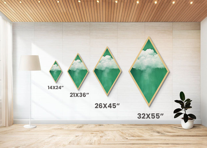 Misty Cloud Burst Diamond Shaped Soft Green Modern Canvas Textured Print Dreamscape Wall Art Serene Minimal Cloudy Sky Piece