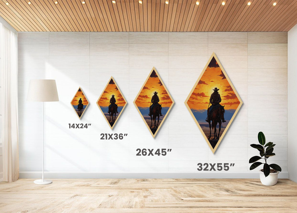 Cowboy Sunset Ride Diamond Shaped Western Horseback Silhouette Canvas Art Print Dramatic Sky Rustic Wall Decor Ranch Theme