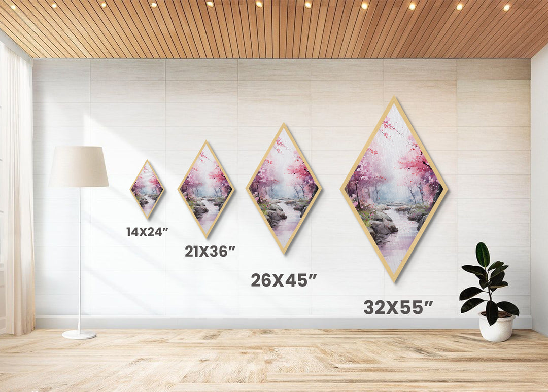 Cherry Blossoms In Spring, Diamond Shaped Canvas Embossed Wall Art, Canvas Texture Art, Japanese Inspired Wall Art, Statement Piece