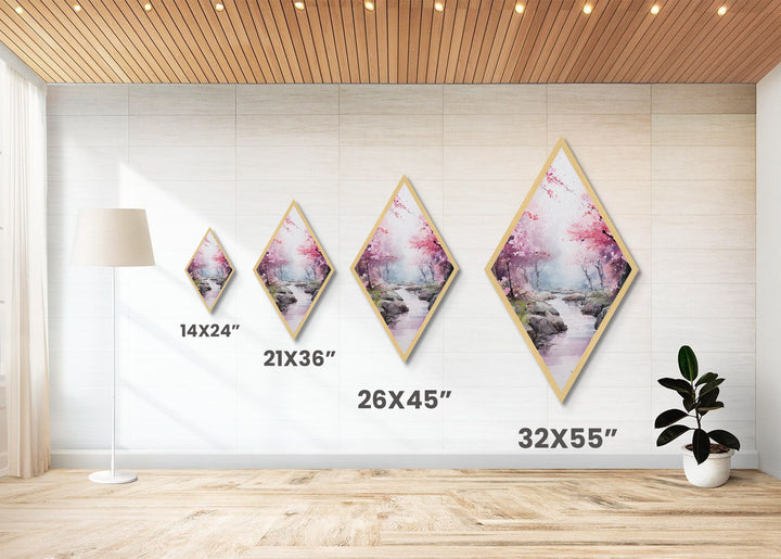 Cherry Blossoms In Spring, Diamond Shaped Canvas Embossed Wall Art, Canvas Texture Art, Japanese Inspired Wall Art, Statement Piece