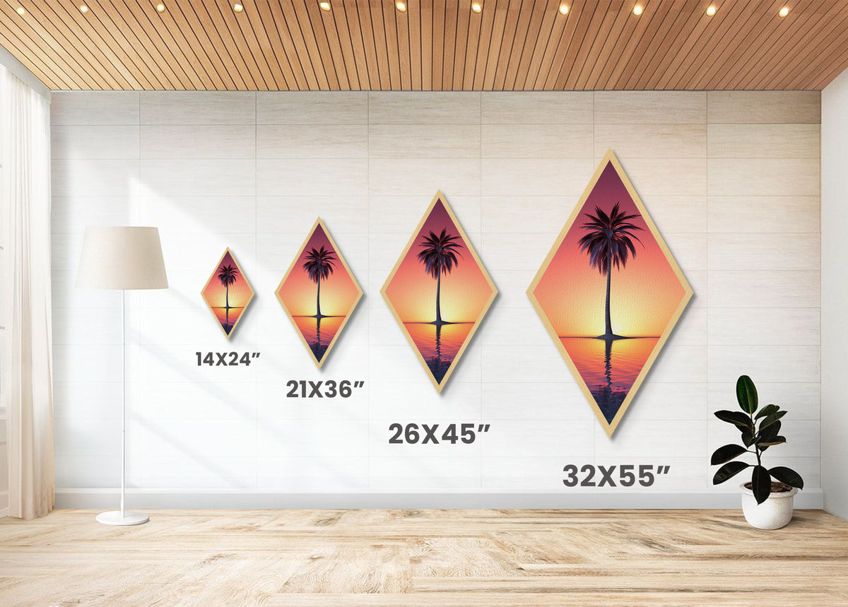Synth Wave Palm Tree at Sunset, Framed Canvas Art, Wood Framed Canvas Texture Wall Art, Diamond Shaped Decor, Retro Wall Art
