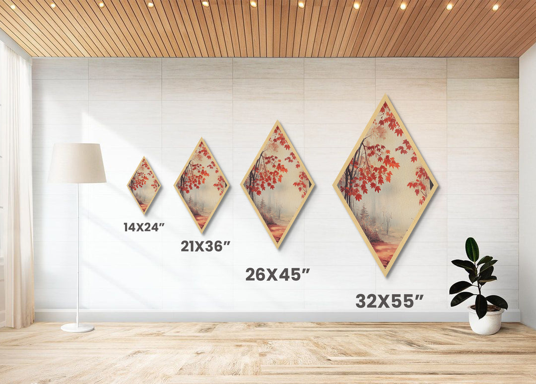 Diamond Shaped Scarlet Leaf Mist Scene, tranquil fall forest Canvas Art Print, red maple foliage decor, ethereal seasonal wall artwork