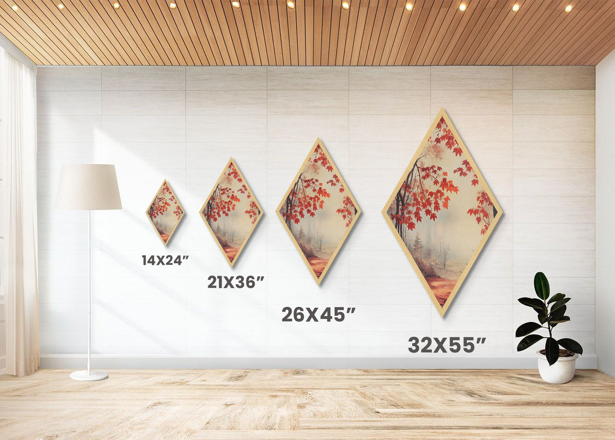 Diamond Shaped Scarlet Leaf Mist Scene, tranquil fall forest Canvas Art Print, red maple foliage decor, ethereal seasonal wall artwork