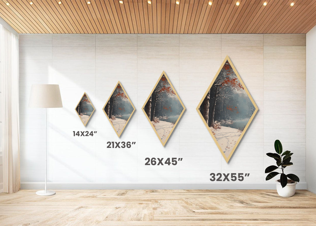 Diamond Shaped Winter River Trail, snowy forest scene Canvas Embossed Print, frosty landscape wall art, blue gray Christmas nature decor