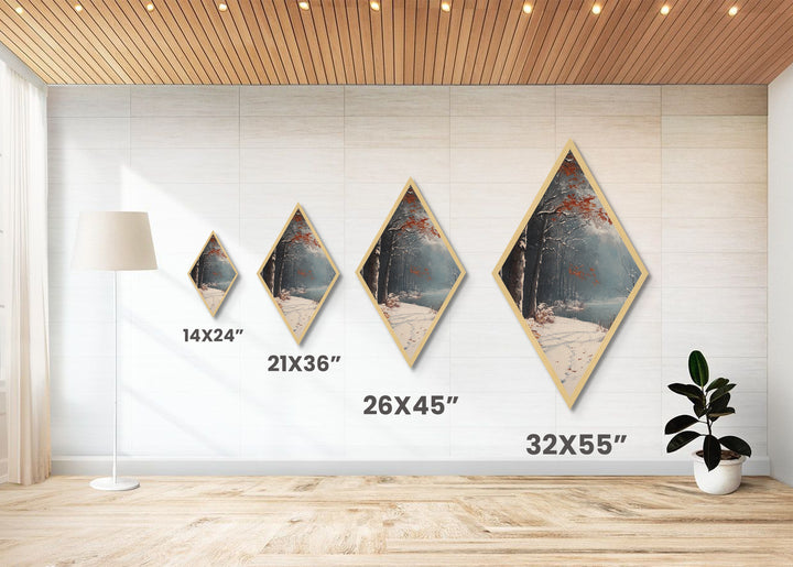 Diamond Shaped Winter River Trail, snowy forest scene Canvas Embossed Print, frosty landscape wall art, blue gray Christmas nature decor
