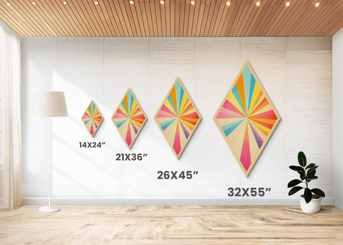 Prism Spectrum Starburst – Diamond Shaped Canvas Textured Print, retro geometric pattern artwork, modern bright pop wall home decoration