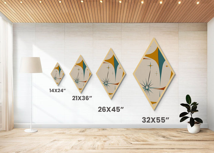 Mod Starflare Geometry – Diamond Shaped Canvas Art Print, retro atomic burst wall design, teal orange star pattern, midcentury home decor