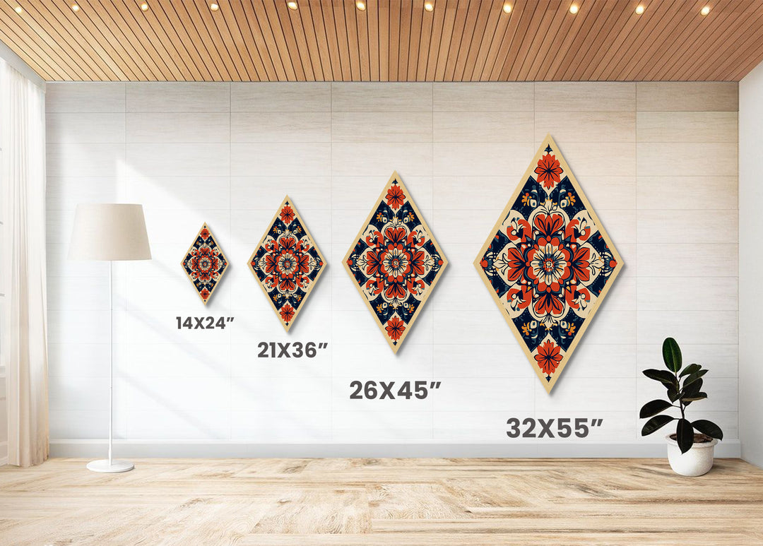 Floral Tile Harmony Diamond Shaped Canvas Art Print with bold folk pattern red navy decorative symmetry boho home accent Mediterranean decor