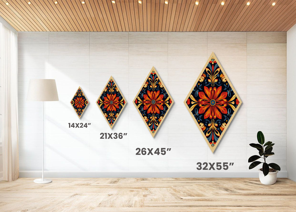 Crimson Bloom Folk Diamond Shaped Canvas Embossed Print featuring stylized red floral design dark background ethnic boho wall art vibrant palette