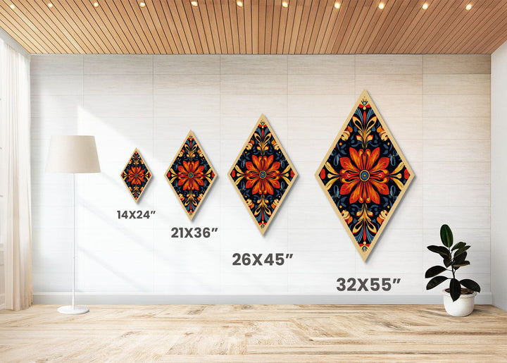 Crimson Bloom Folk Diamond Shaped Canvas Embossed Print featuring stylized red floral design dark background ethnic boho wall art vibrant palette