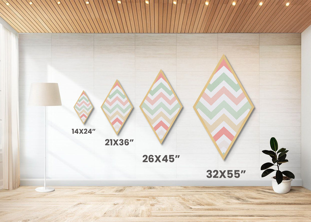 Chevron Candy Pop Diamond Shaped Canvas Embossed Print with light pastel rainbow zigzag stripes modern baby room art soft neutral wall pattern