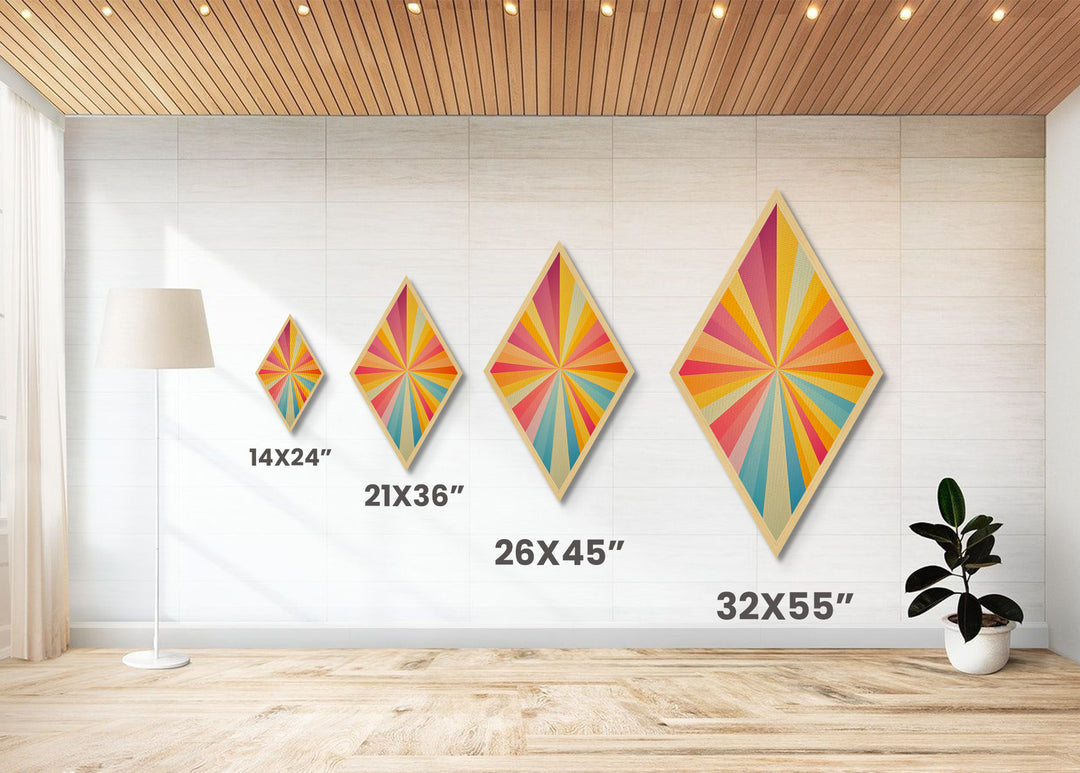 Radiant Retro Burst Diamond Shaped Canvas Art Print with sunshine ray design vivid rainbow starburst midcentury modern energy abstract wall decor