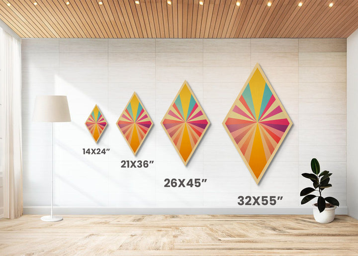 Sunshine Spectrum Pop Diamond Shaped Canvas Embossed Print with bold pastel starburst explosion midcentury vibes colorful retro geometric wall art