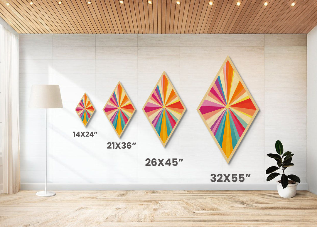 Sunshine Rays — Diamond Shaped Canvas Art Print modern sunbeam explosion piece ideal kids room decor vibrant wall accent rainbow palette