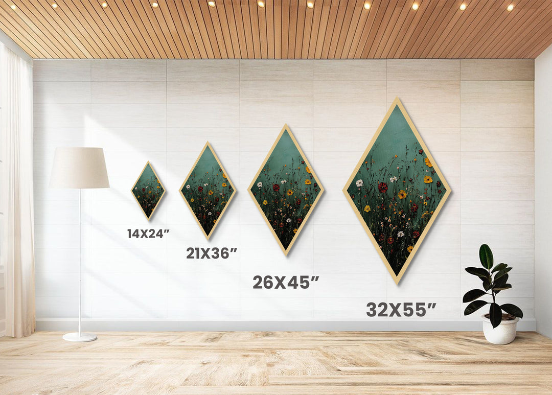 Wild Meadow — Diamond Shaped Canvas Textured Print adds rustic charm to bedroom or entryway with floral impasto nature wall art earthy tones