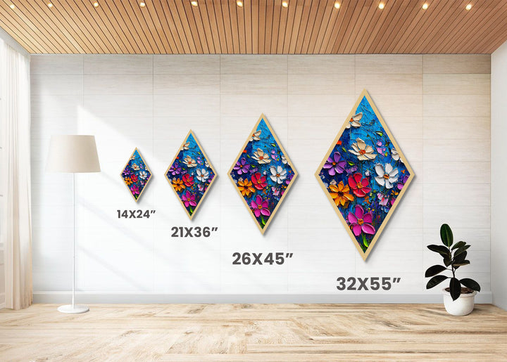 Blue Blossom Pop — Diamond Shaped Canvas Textured Print makes a lively statement in bathroom or hallway with bold floral palette knife design