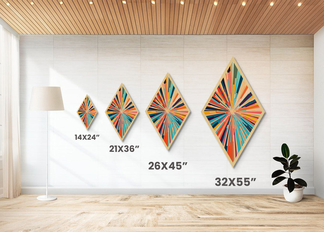 Radiant Spectrum Burst Diamond Shaped Canvas Textured Print, Mid-Century Modern Wall Decor, Abstract Geometric Art Explosion