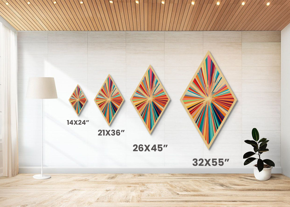 Vibrant Starburst Fusion Diamond Shaped Canvas Textured Print, Colorful Abstract Wall Art, Modern Energy Pop Home Accent
