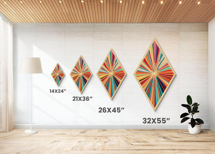 Vibrant Starburst Fusion Diamond Shaped Canvas Textured Print, Colorful Abstract Wall Art, Modern Energy Pop Home Accent
