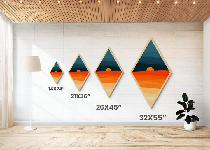 Desert Sunset Horizon Diamond Shaped Canvas Art Print, Minimalist Landscape Wall Decor, Warm Earth Tone Abstract Scene