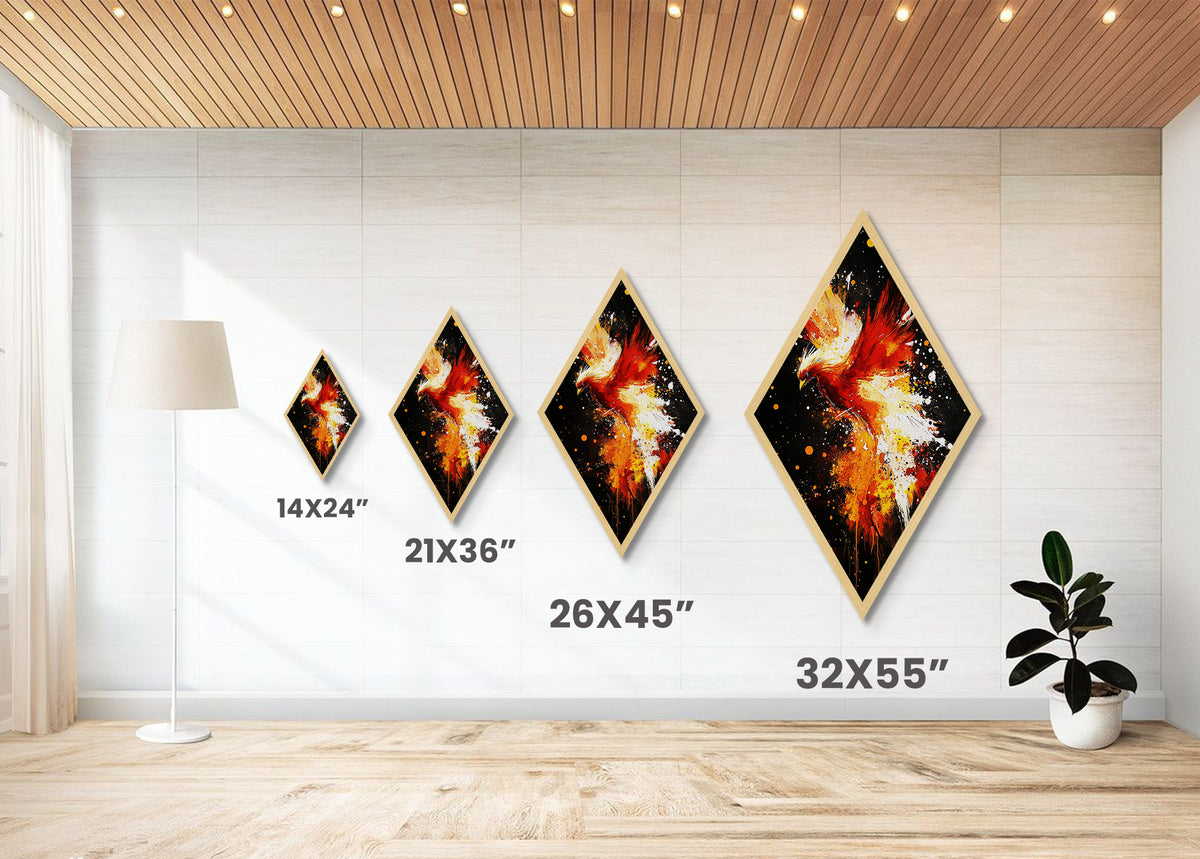 Inferno Flight Phoenix Diamond Shaped Canvas Textured Print, Red Fire Bird Wall Art, Bold Mythical Creature Modern Painting