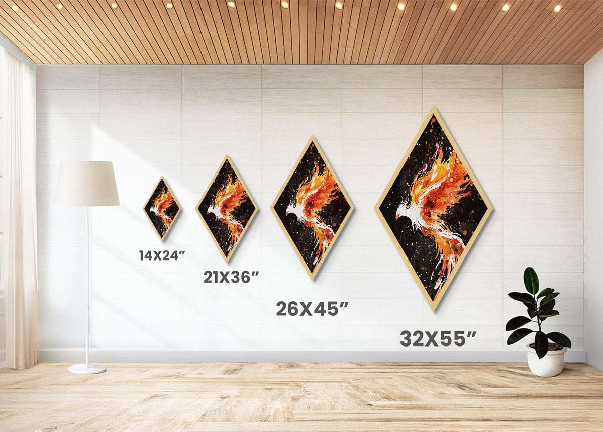 Firebird Soaring Burst Diamond Shaped Canvas Art Print, Fiery Phoenix Painting, Mystical Wall Decor in Black and Orange