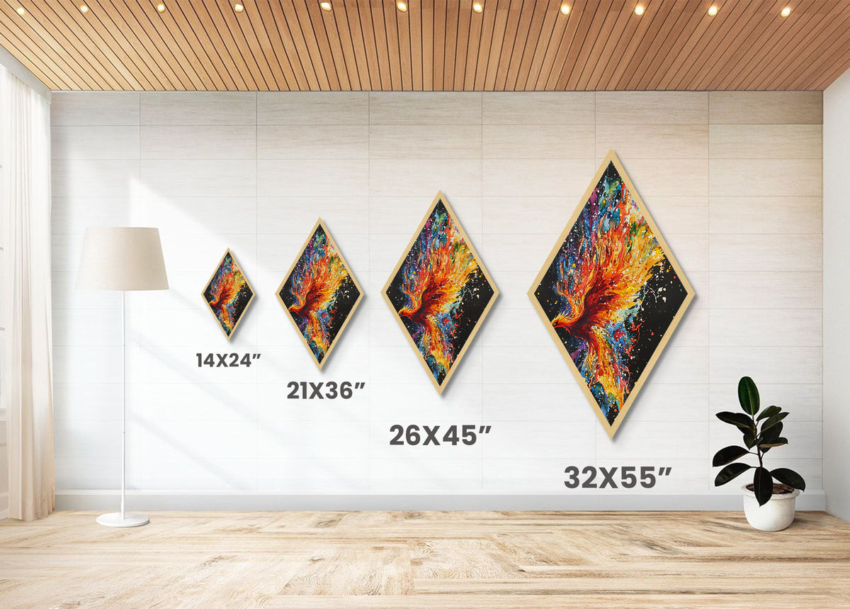 Cosmic Phoenix Bloom Diamond Shaped Canvas Embossed Print, Vibrant Color Splash Wall Art, Celestial Bird Fantasy Artwork