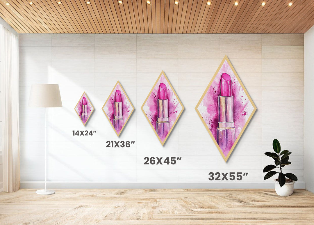 Pink Lipstick Glam Diamond Shaped Canvas Embossed Print, Watercolor Makeup Wall Art, Feminine Beauty Fashion Illustration