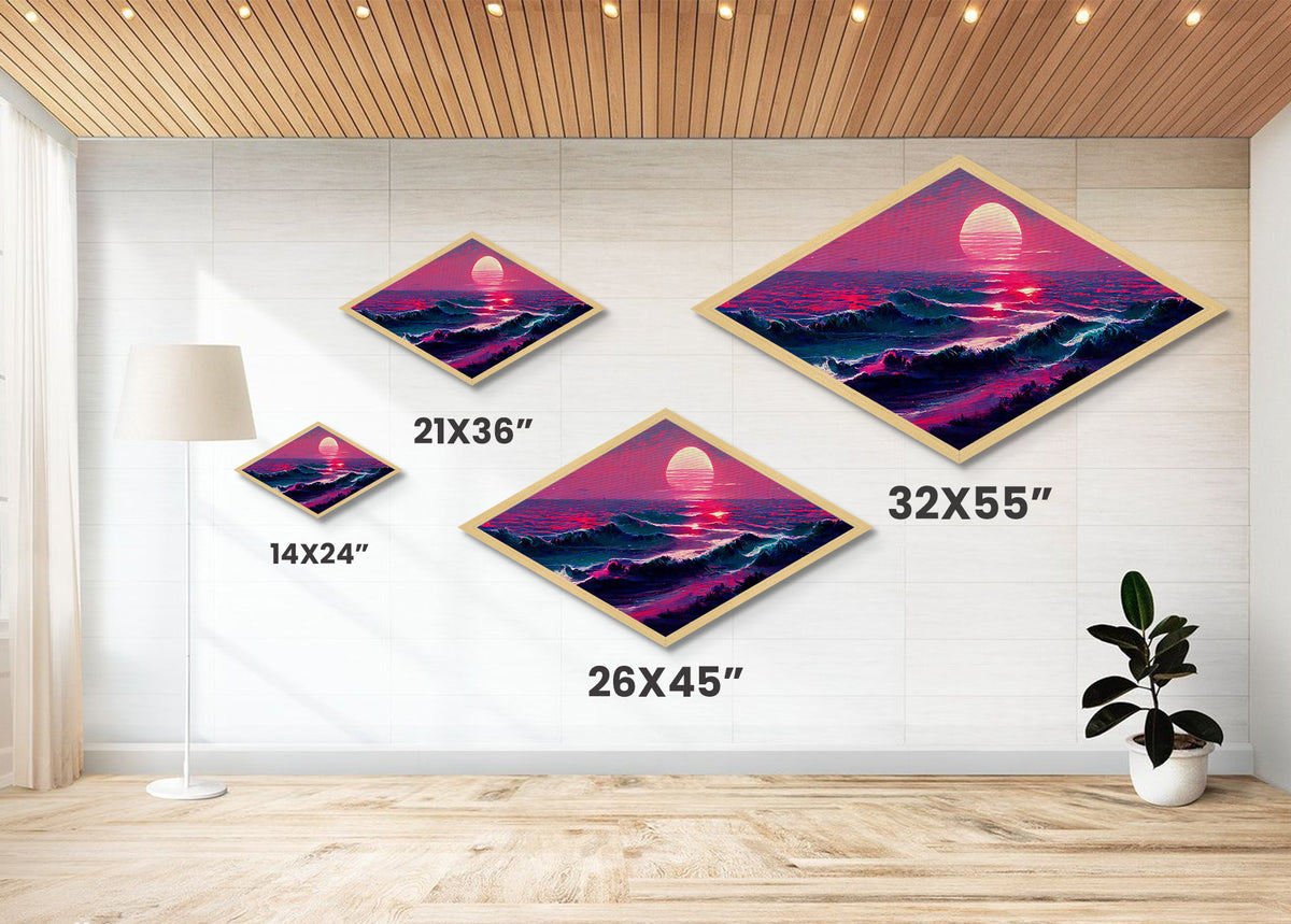 Crimson Horizon Sunset Diamond Shaped Ocean Landscape Canvas Embossed Print Coastal Red Waves Modern Nautical Wall Art Home Decor