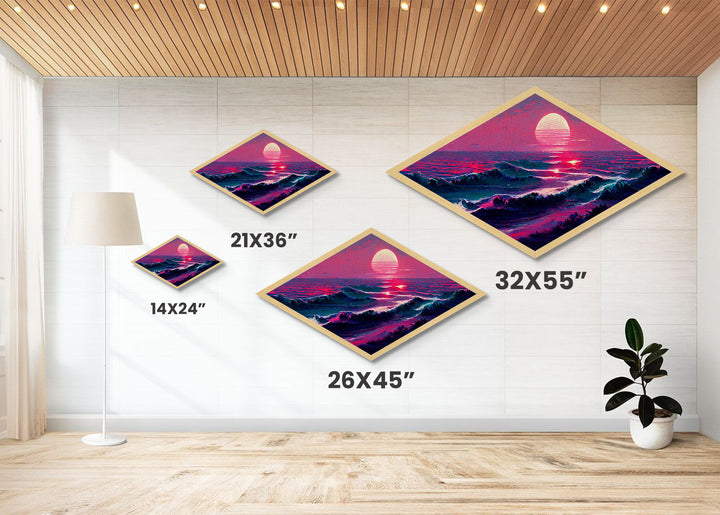 Crimson Horizon Sunset Diamond Shaped Ocean Landscape Canvas Embossed Print Coastal Red Waves Modern Nautical Wall Art Home Decor