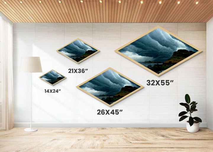 Rolling Storm Clouds Diamond Shaped Castle View Canvas Textured Print Turbulent Sky Landscape Dramatic Weather Gothic Wall Decor