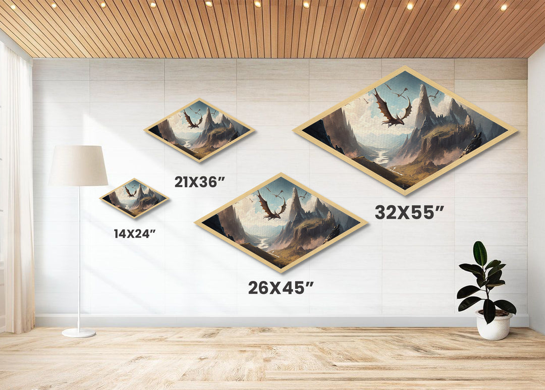 Firewing Highlands – Diamond Shaped Fantasy Dragon Landscape Canvas Art Print with epic flying creatures, medieval scenery, and vivid detail