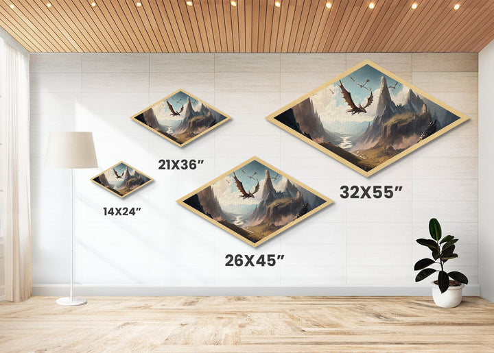 Firewing Highlands – Diamond Shaped Fantasy Dragon Landscape Canvas Art Print with epic flying creatures, medieval scenery, and vivid detail