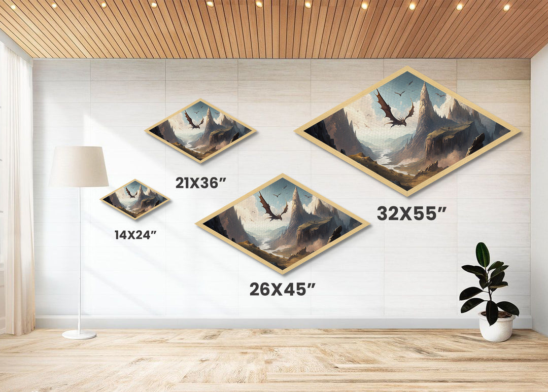 Skyblade Realms – Diamond Shaped Flying Dragon Kingdom Canvas Art Print with fantasy mountain range, medieval cliffs, and cinematic style