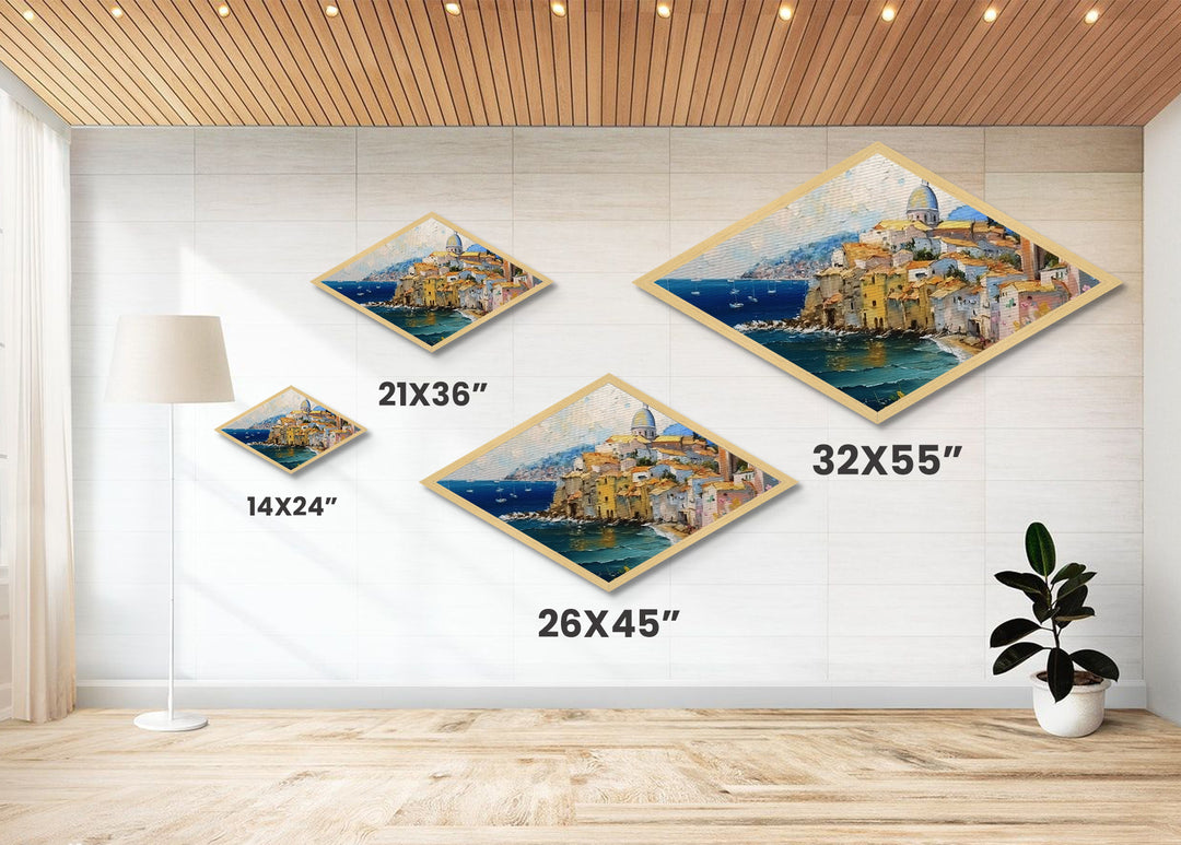Amalfi Shoreline – Diamond Shaped Mediterranean Village Seascape Canvas Textured Print with coastal architecture, oil painting texture