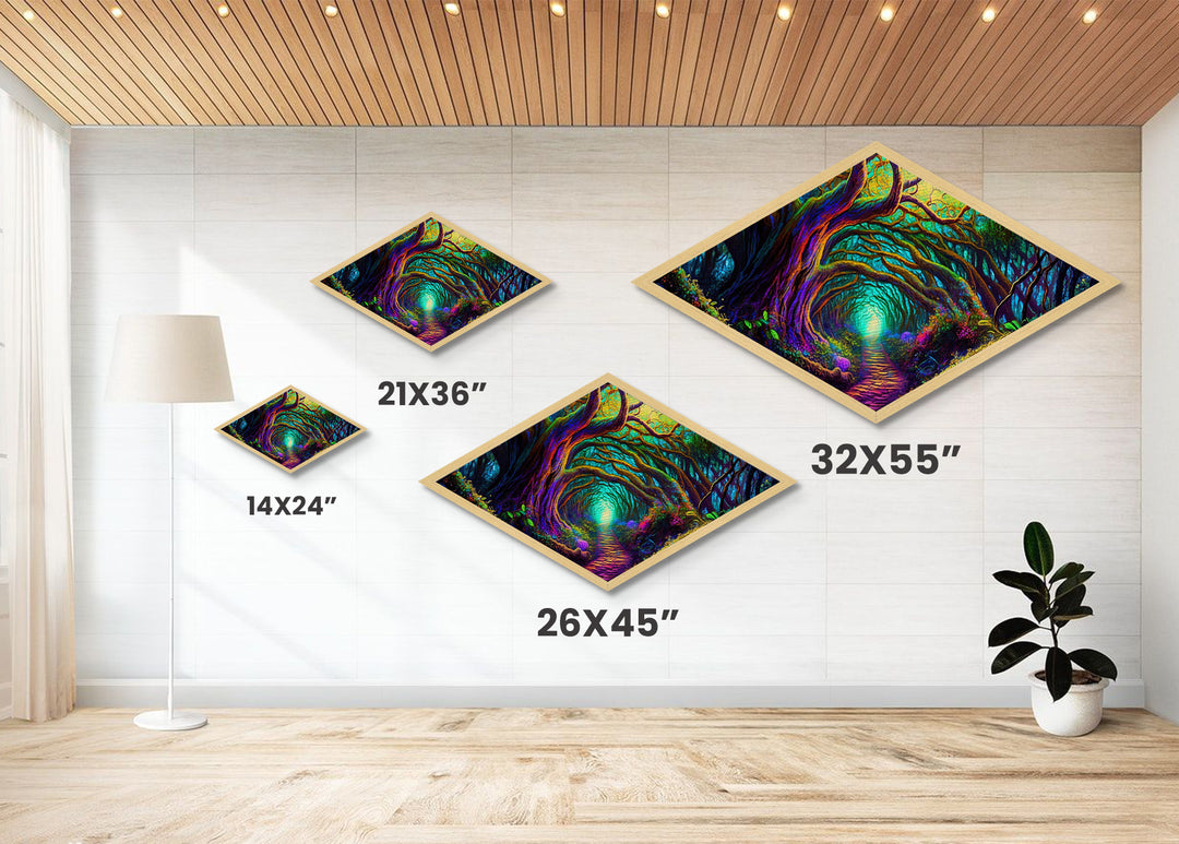 Enchanted Rootway – Diamond Shaped Mystical Forest Tunnel Canvas Embossed Print with neon glow trees, fantasy flora, and glowing path