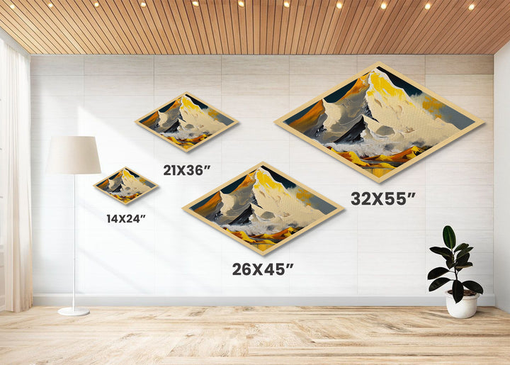 Gilded Summit – Diamond Shaped Golden Mountain Landscape Canvas Embossed Print with snow peaks, yellow ridge lines, and stylized range