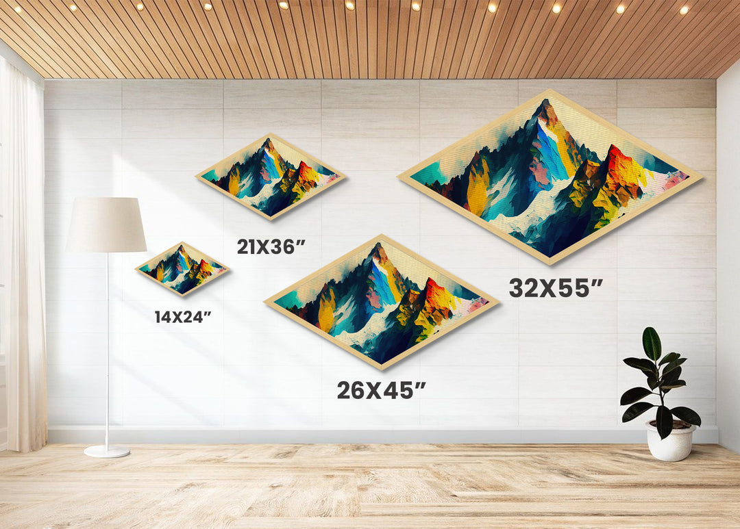 Crystalline Alps – Diamond Shaped Abstract Rainbow Peaks Canvas Textured Print with polygonal mountain terrain, bold geometric strokes