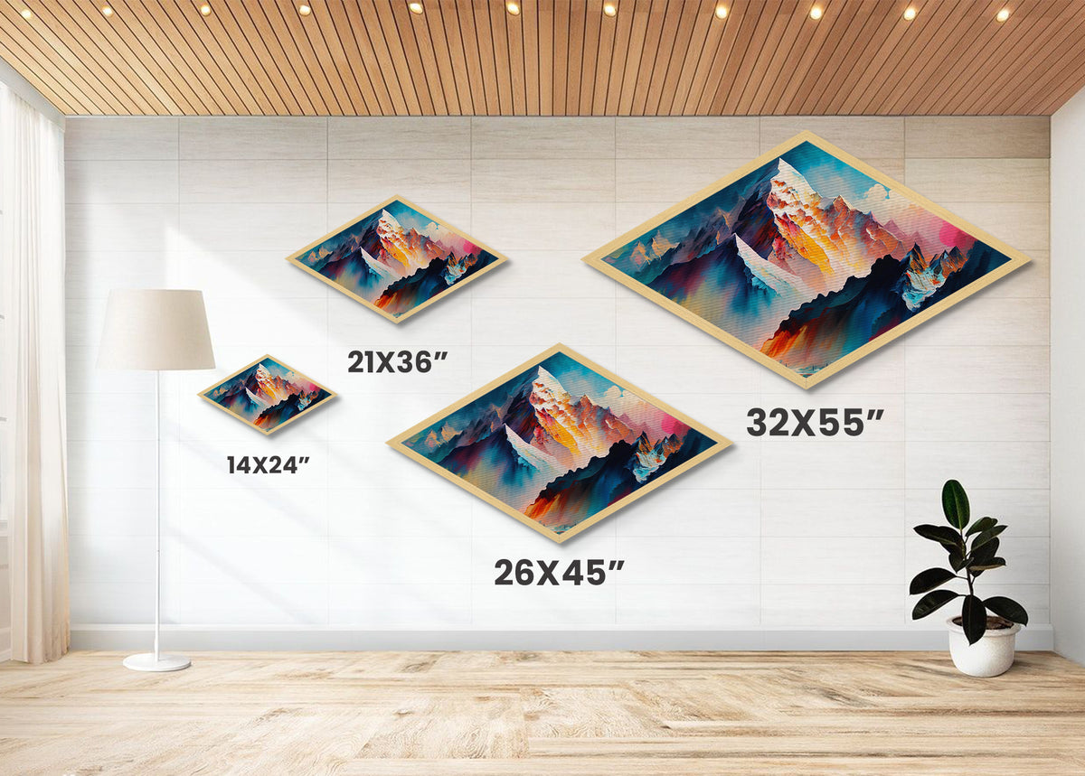 Aurora Range – Diamond Shaped Vibrant Alpine Mountains Canvas Art Print with icy summits, glowing pink sky, and fantasy ridge view