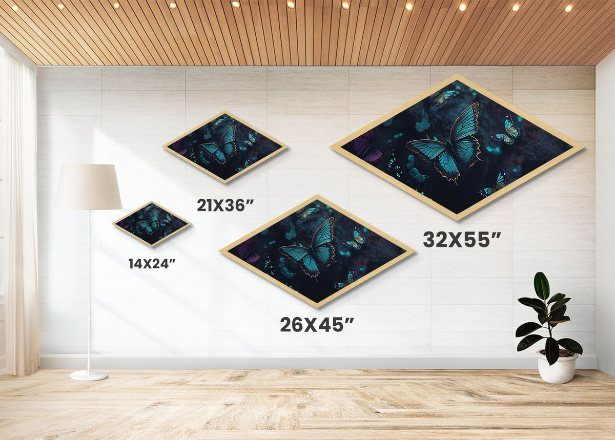Nocturne Butterflies – Diamond Shaped Midnight Forest Insects Canvas Embossed Print with glowing wings, bioluminescent ambiance, deep tones