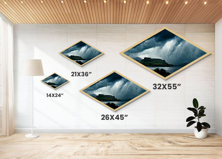 Stormy Highlands Skies Diamond Shaped Canvas Textured Print, dramatic clouds over mountains wall decor, moody nature landscape art