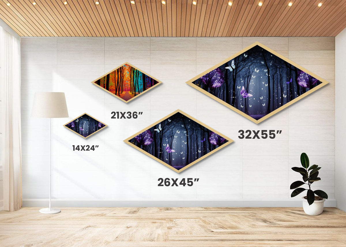 Enchanted Forest Glow – Diamond Shaped Canvas Art Print with glowing butterflies, dreamy purple woodland, fantasy wall decor, nightscape art