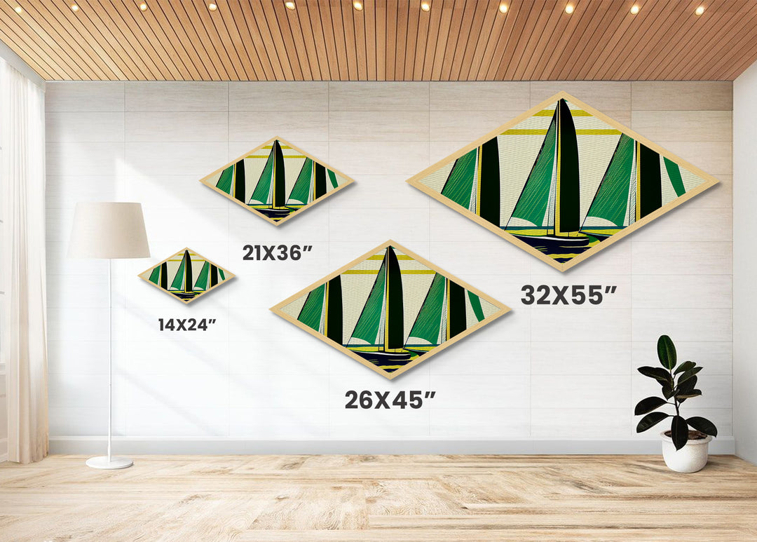 Abstract Sail Wind – Diamond Shaped Canvas Textured Print with retro sailboat geometry, green yellow nautical minimalist coastal theme