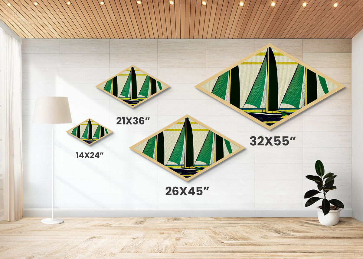 Abstract Sail Wind – Diamond Shaped Canvas Textured Print with retro sailboat geometry, green yellow nautical minimalist coastal theme