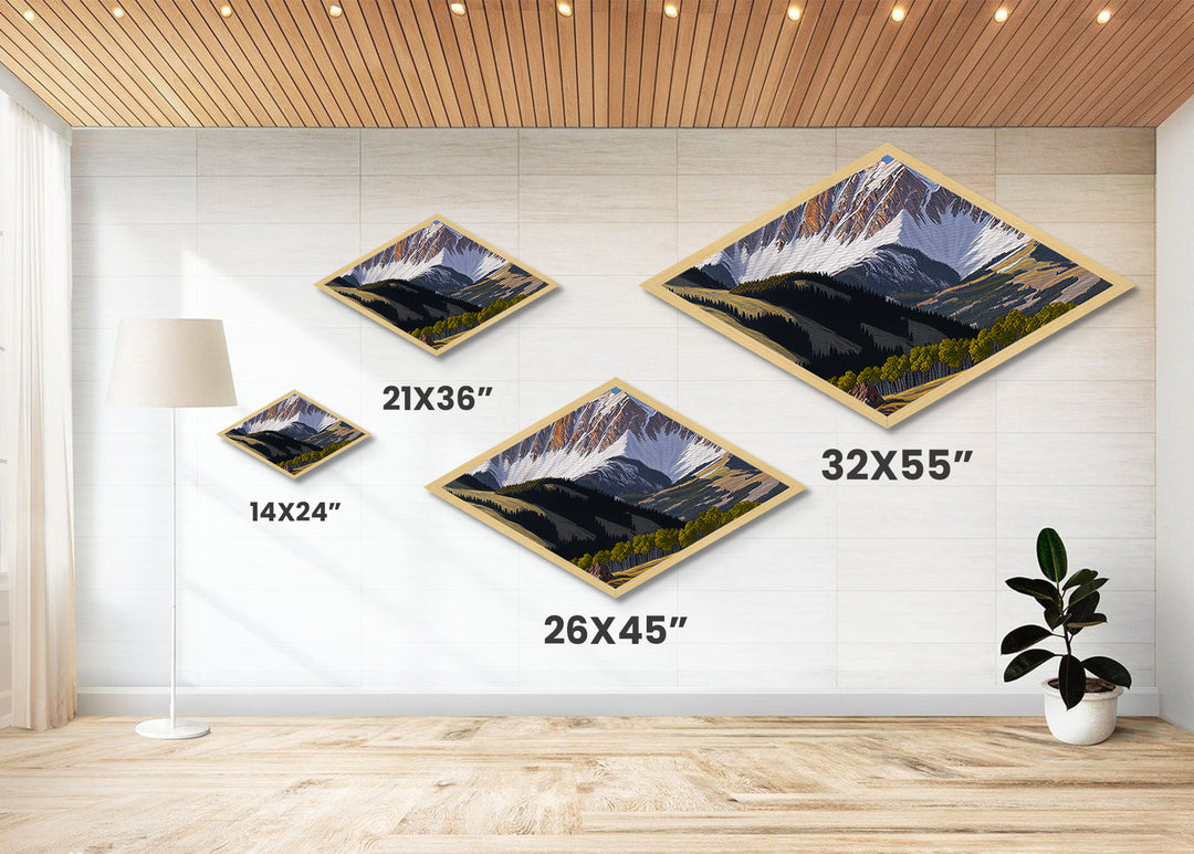 Snowcap Forest Light – Diamond Shaped Canvas Textured Print with alpine mountain landscape, fall forest shadow play, nature inspired home art