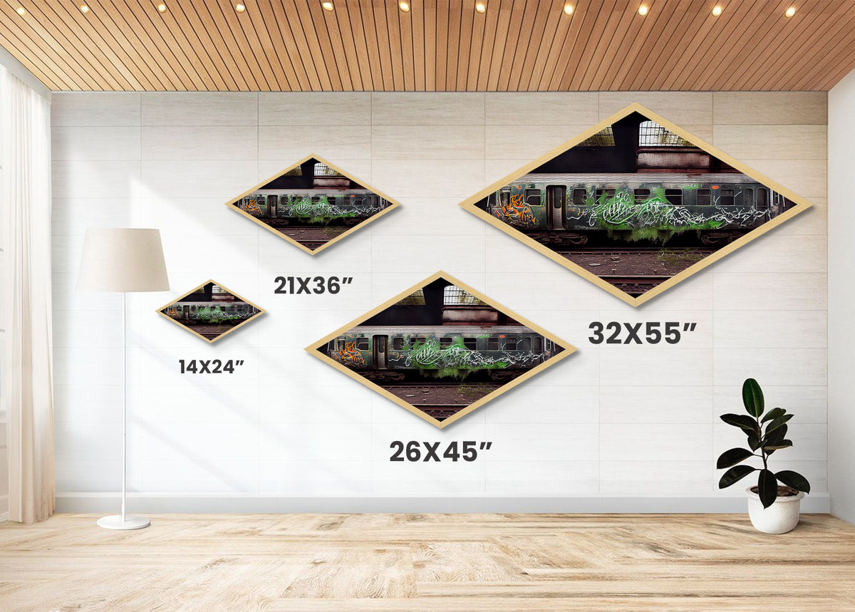 Graffiti Train Scene – Diamond Shaped Canvas Art Print with abandoned urban train, grunge graffiti photography, street art inspired wall piece