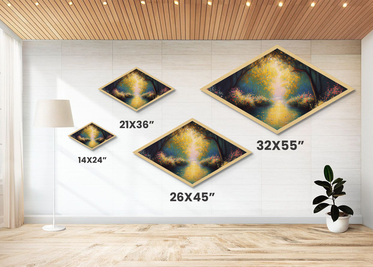 Golden Forest Path – Diamond Shaped Canvas Embossed Print with radiant trees, glowing sunset river, impressionist woodland nature painting