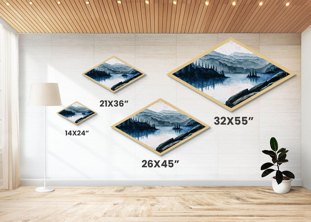 Tranquil Mountain View Diamond Shaped Canvas Textured Print with peaceful lake scene, forest landscape painting, rustic wall decor