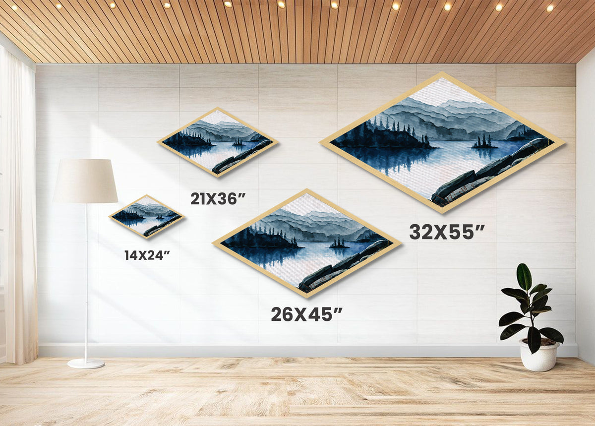 Tranquil Mountain View Diamond Shaped Canvas Textured Print with peaceful lake scene, forest landscape painting, rustic wall decor